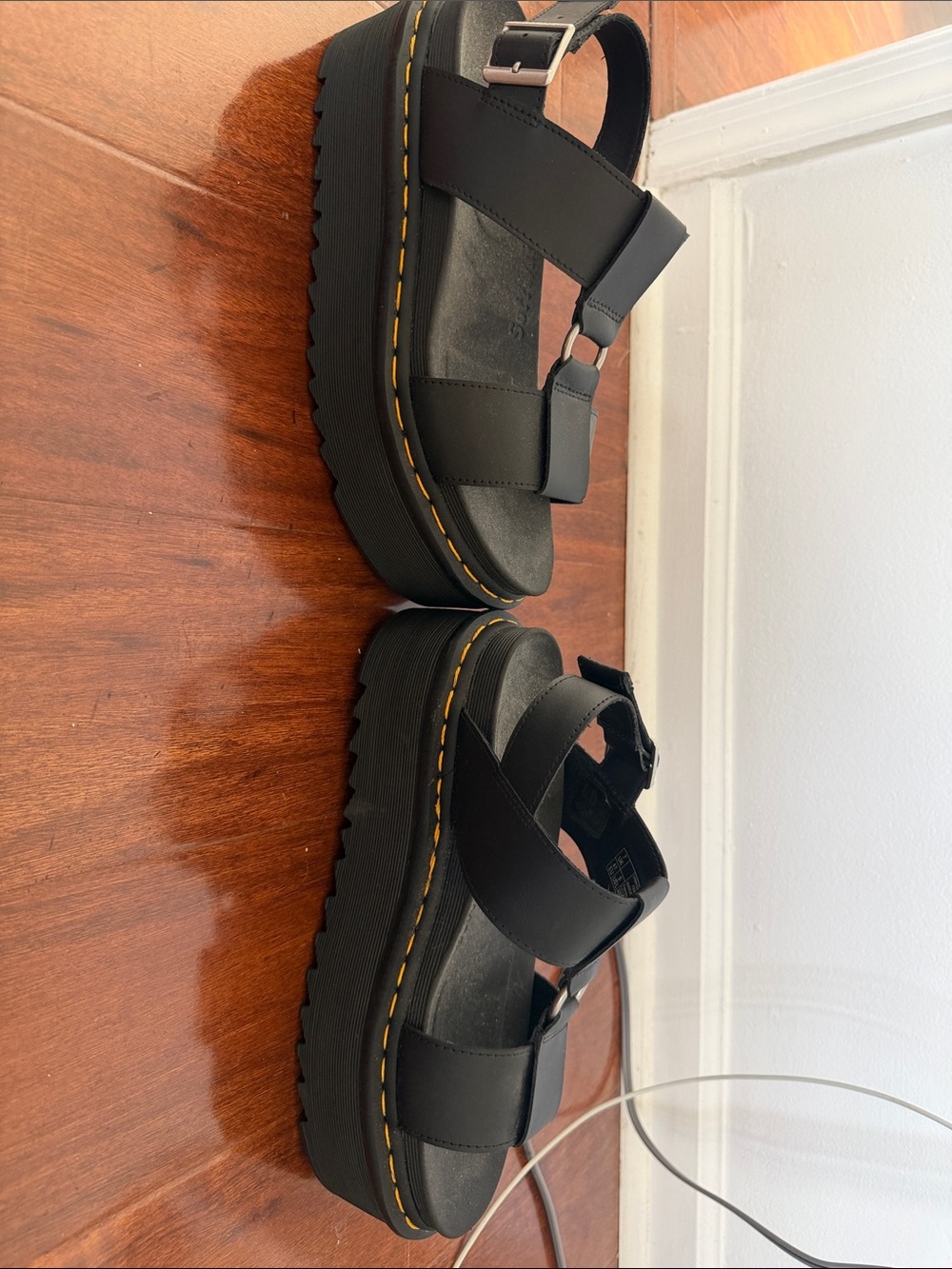 Dr. Martens Black Platform Sandals with Yellow Stitching - Picture 2 of 6